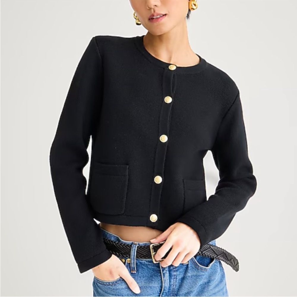 J.Crew Emilie Patch-Pocket Sweater Lady Jacket Cardigan Black Gold‎ Buttons XXL